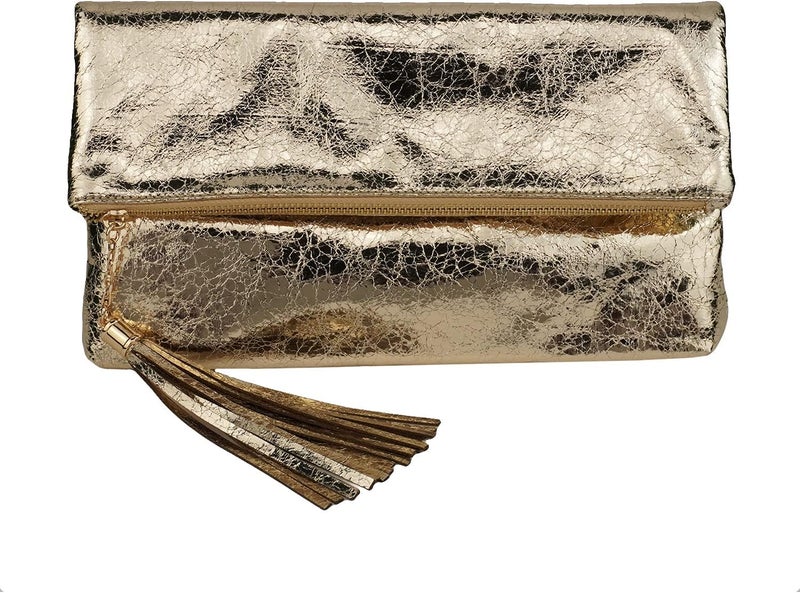 JNB Women's Cracked Metallic Fabric Foldover Clutch with Tassel - Image 1